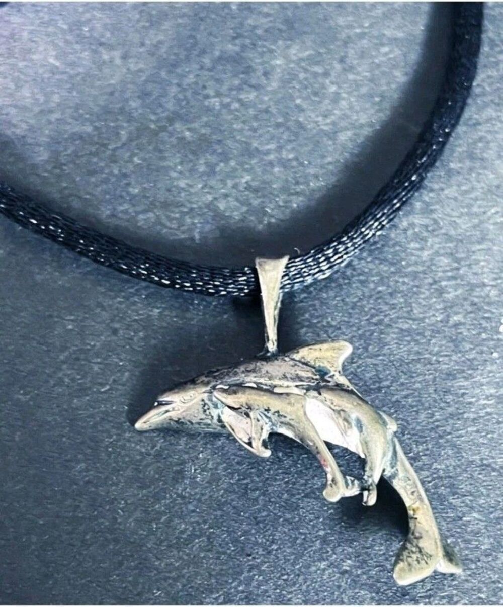 Sterling Silver Mother Dolphin With Baby Calves Pendant Necklace 17in